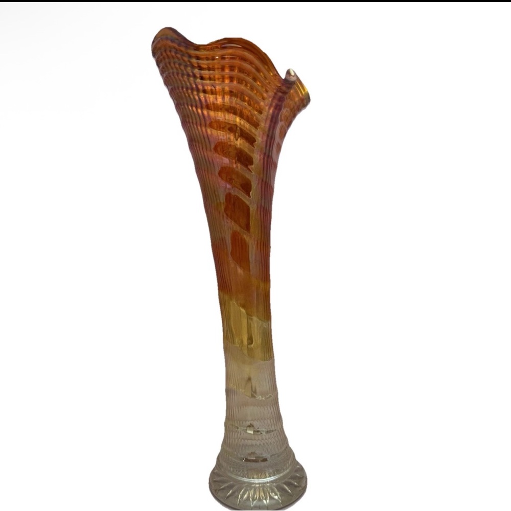 VTG Carnival Glass Swung Vase Marigold Iridescent Ribbed 12” - Picture 4 of 10
